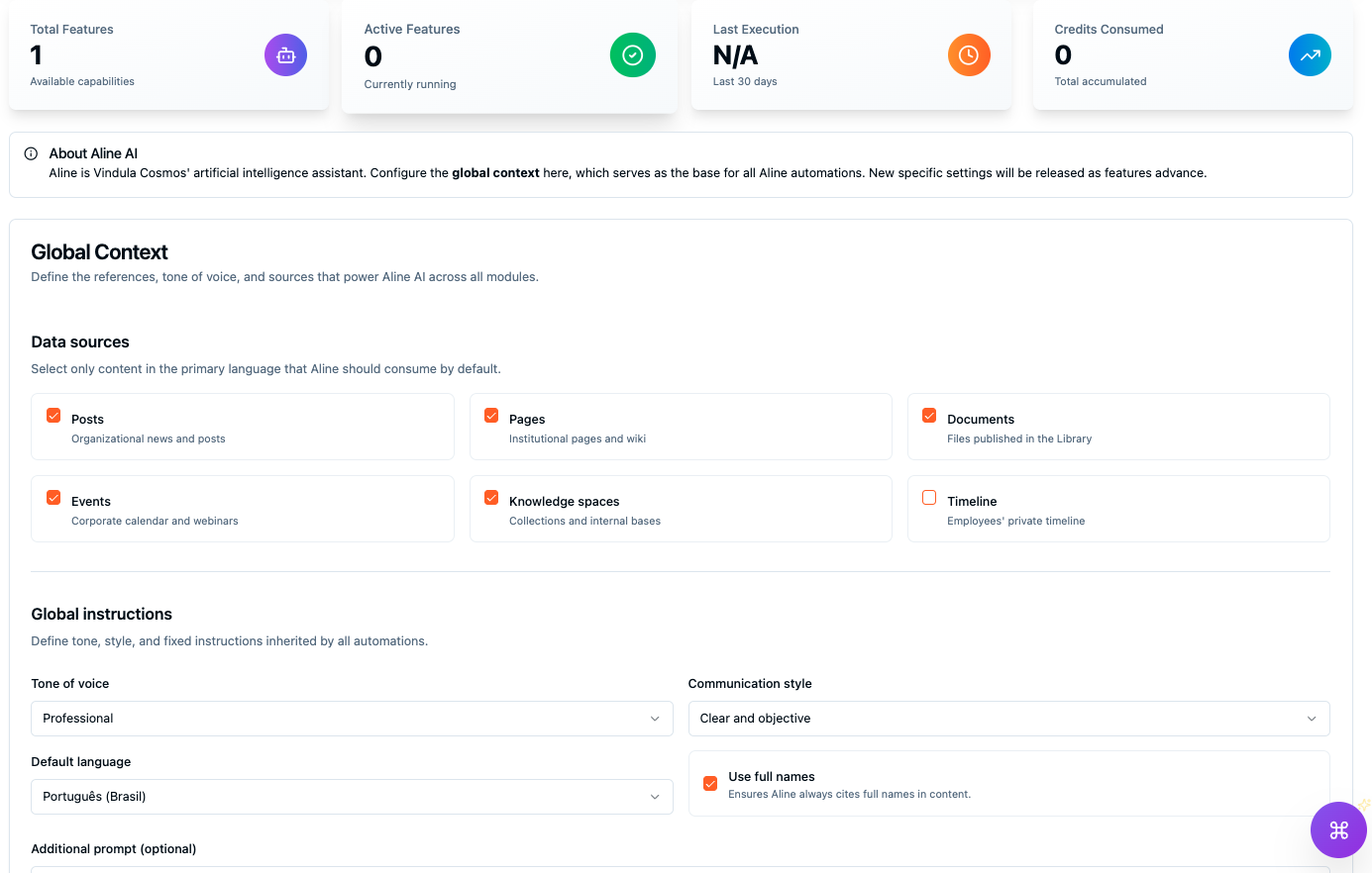 Configurações administrativas da IA