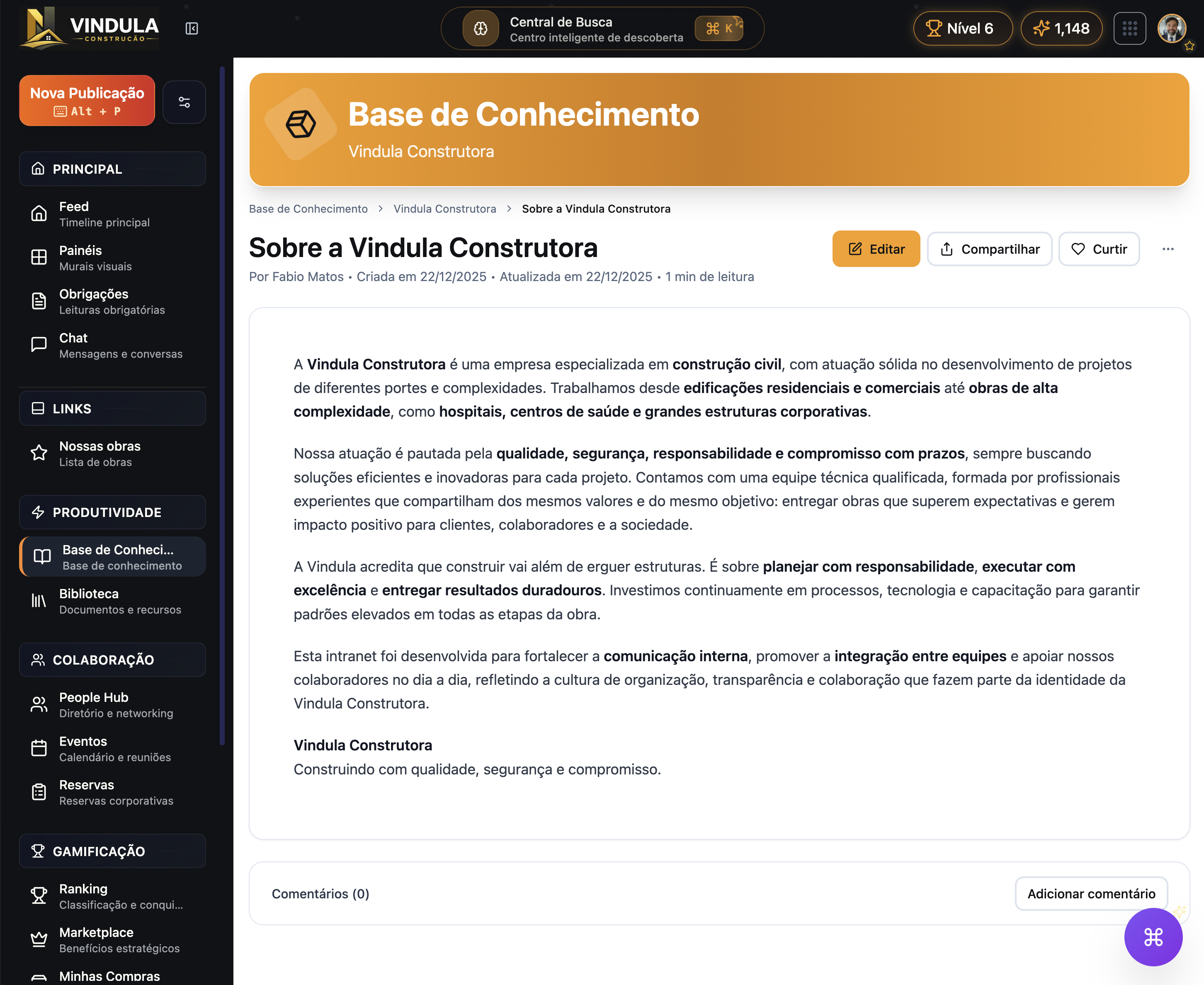 Página da Base de Conhecimento em uso