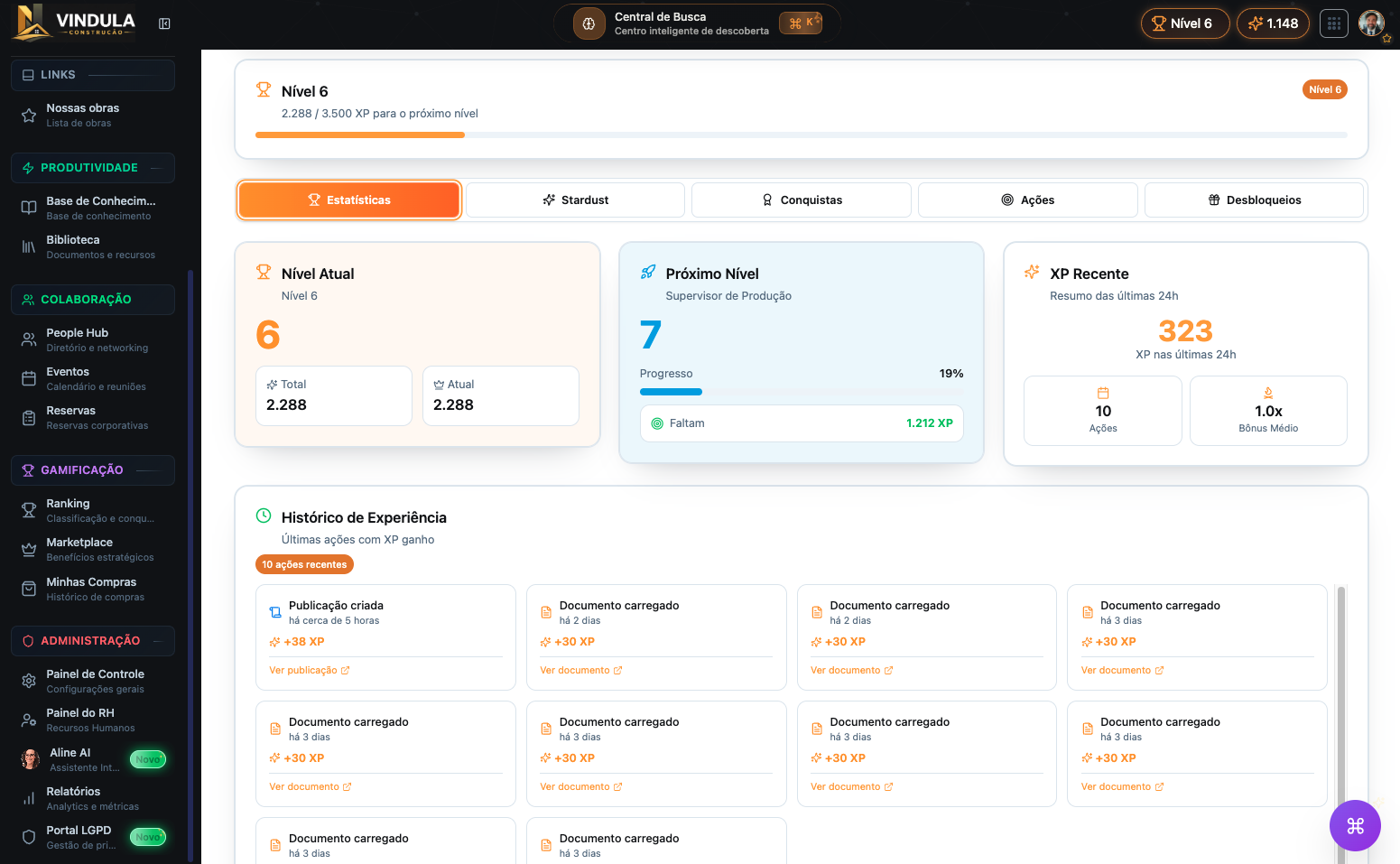 Ranking e evolução de níveis por colaborador