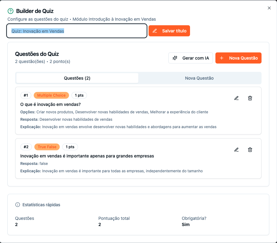 Quiz e avaliação do curso